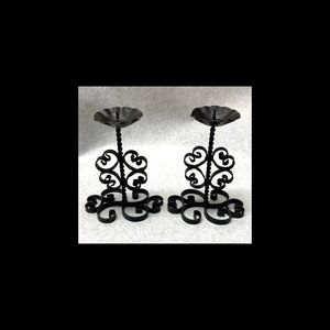 Vintage MCM Spanish Revival Wrought Iron Scroll Candelabras